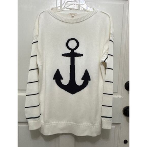 Barbour Sweater Nautical Coastal Anchor Navy White Stripe Crew Neck Sz 16 - Picture 1 of 10